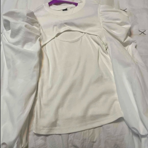 White Classic Elegant Cut Out Puff Long Sleeve Tee Shirt Blouse Top - Picture 9 of 9